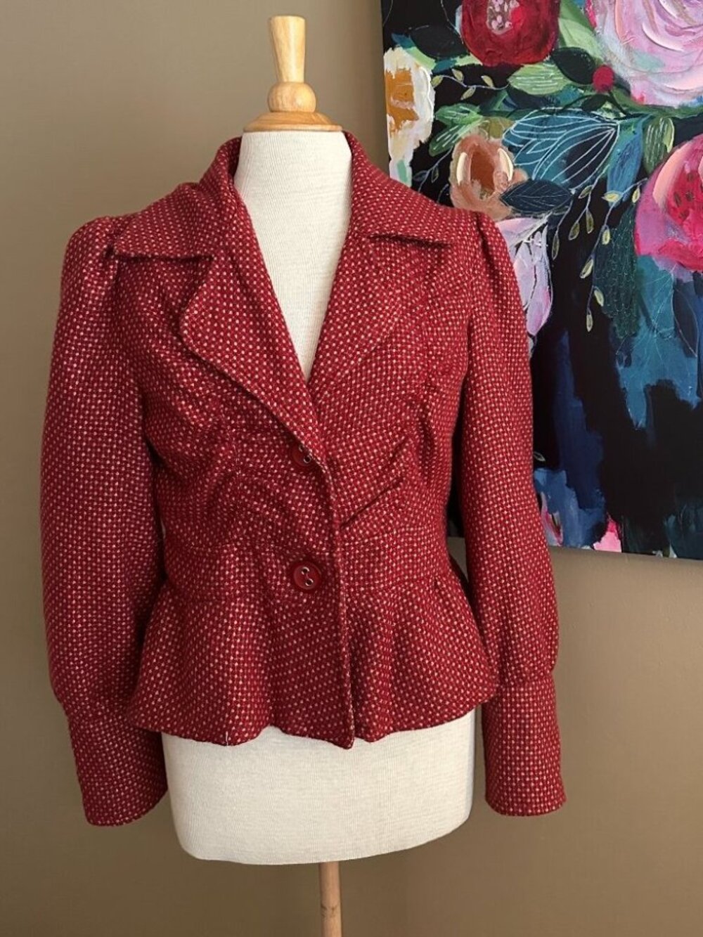 Sashimi Red Wine Polka Dot Peplum Blazer Puff Sleeve Size L